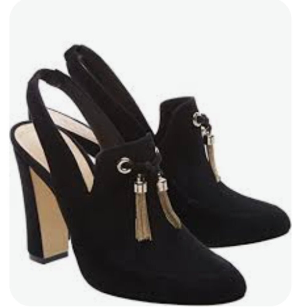 Schutz Rafela Black Kid Suede High Heel Slingback Oxford Fringe Pumps. Size 6.5